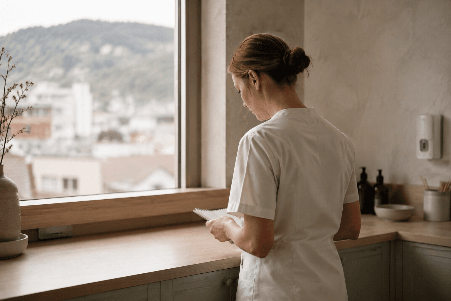 Illustrasjon av en sykepleier ved vinduet i en lys klinikk